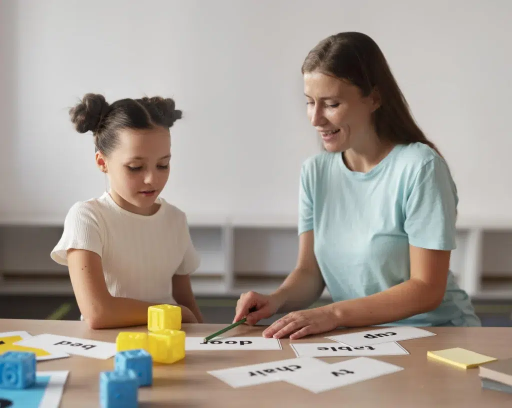 psychologist helping little girl speech therapy