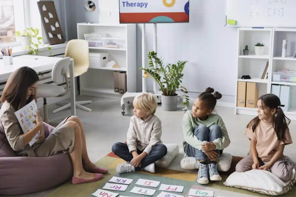 young woman doing speech therapy with kids 1